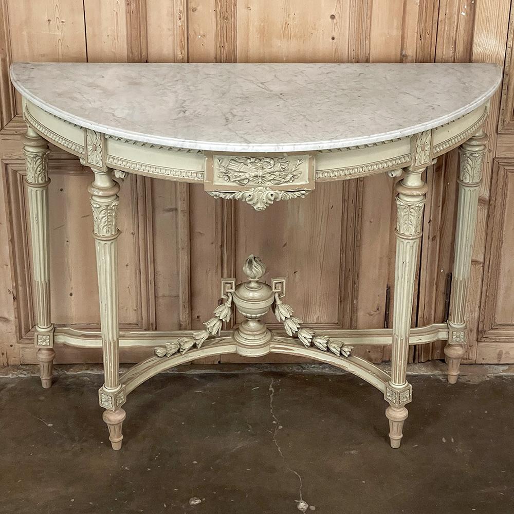 Late 19th Century Grand French Louis XVI Painted Demilune Console with Carrara Marble Top For Sale