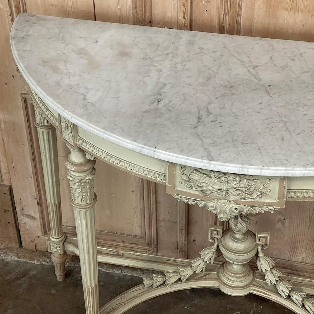 Grand French Louis XVI Painted Demilune Console with Carrara Marble Top For Sale 1