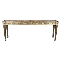 Grand French Marble Top Carved Louis XVI Directoire Silver Leaf Console Table 