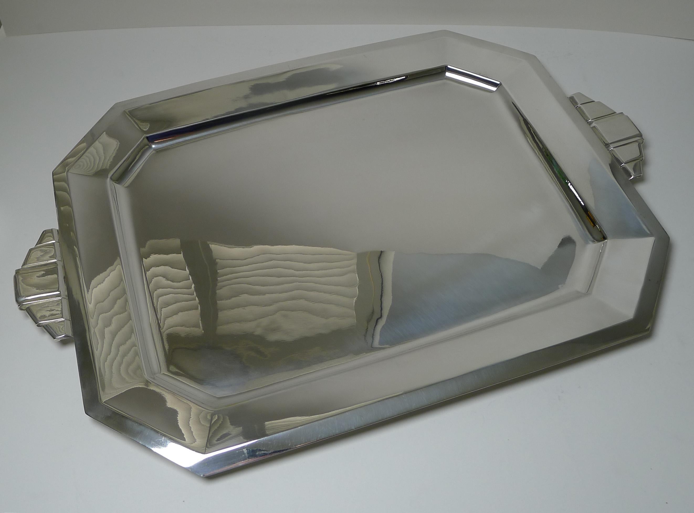 Grand French Silver Plated Drinks Tray by Saglier Freres, Paris, Art Deco For Sale 3