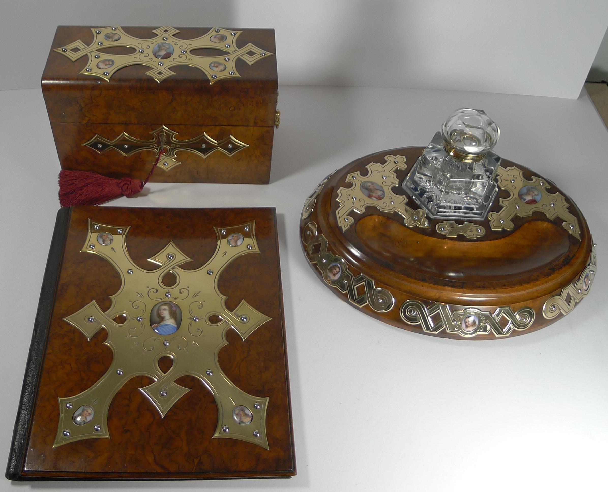 Victorian Grand French Three-Piece Desk Set, Hand Painted Porcelain Inset, circa 1860 For Sale