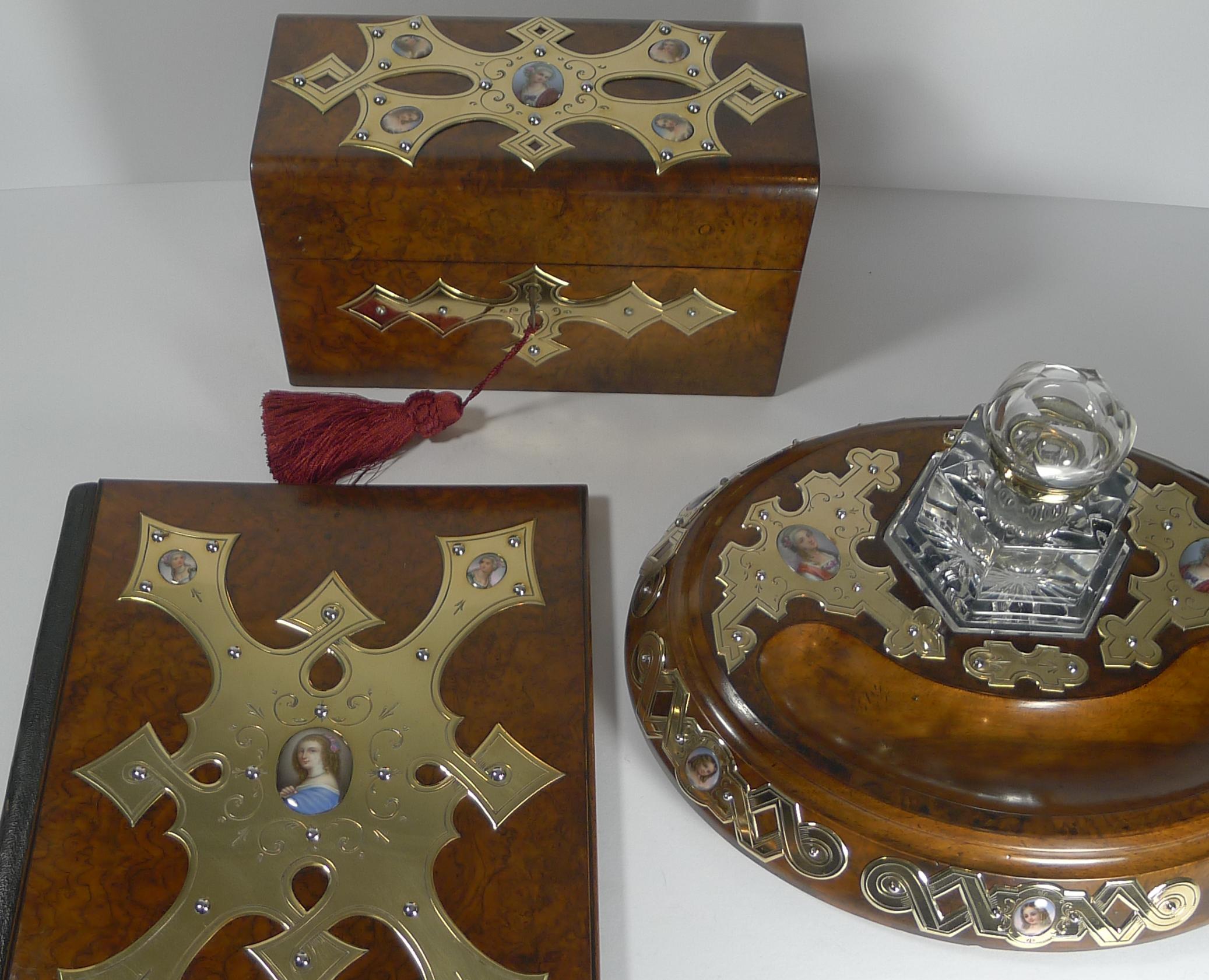 Hand-Painted Grand French Three-Piece Desk Set, Hand Painted Porcelain Inset, circa 1860 For Sale