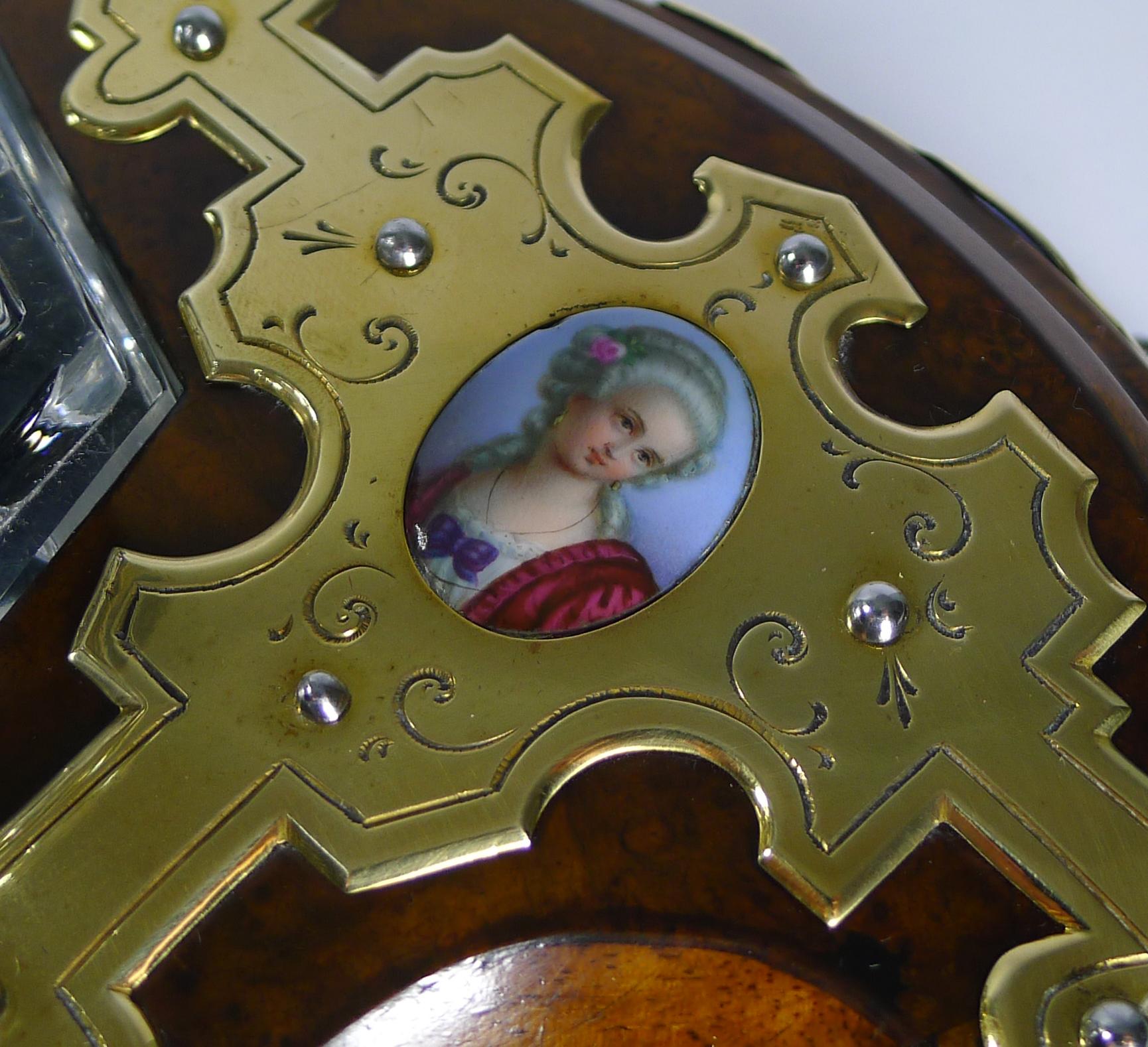 Brass Grand French Three-Piece Desk Set, Hand Painted Porcelain Inset, circa 1860 For Sale