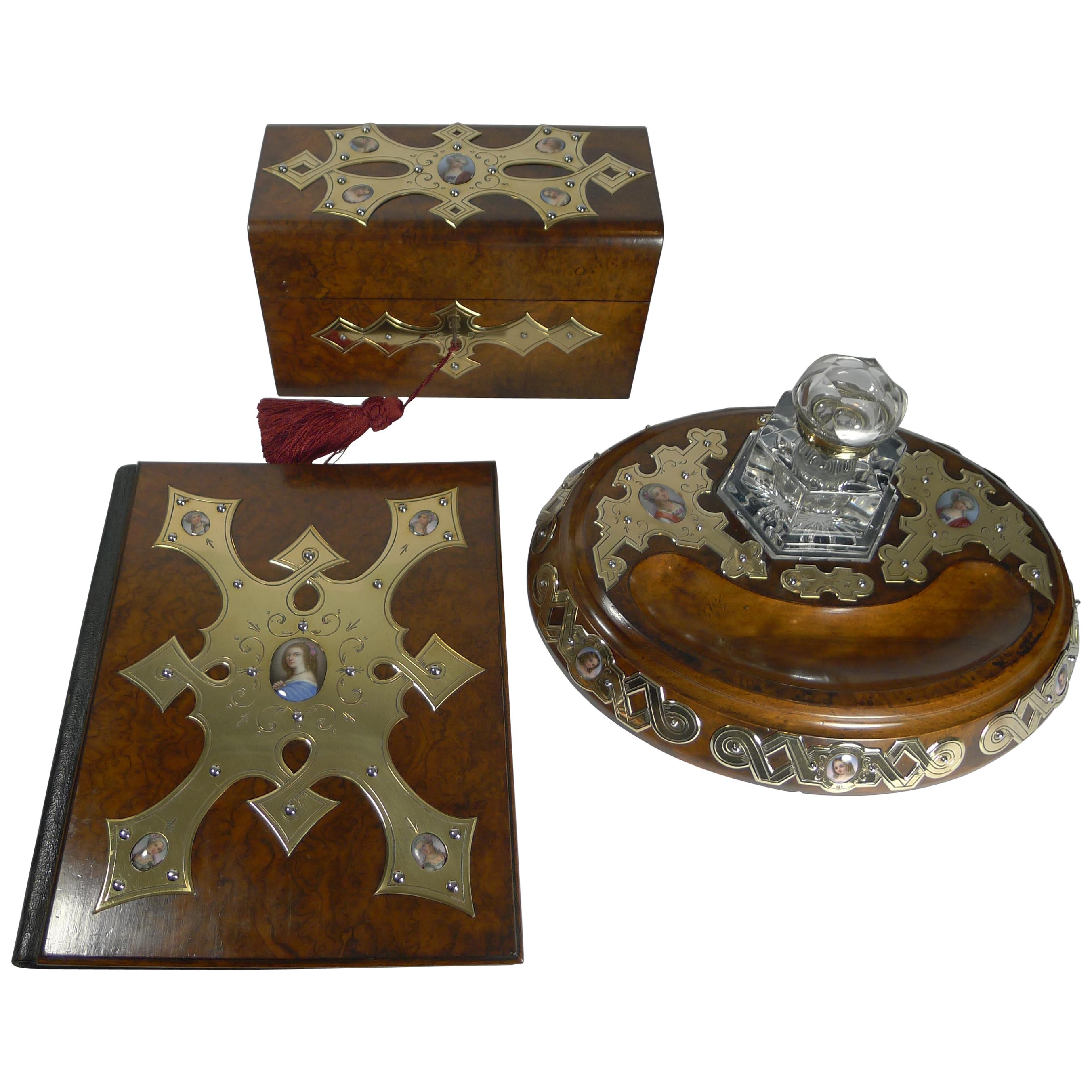 Grand French Three-Piece Desk Set, Hand Painted Porcelain Inset, circa 1860