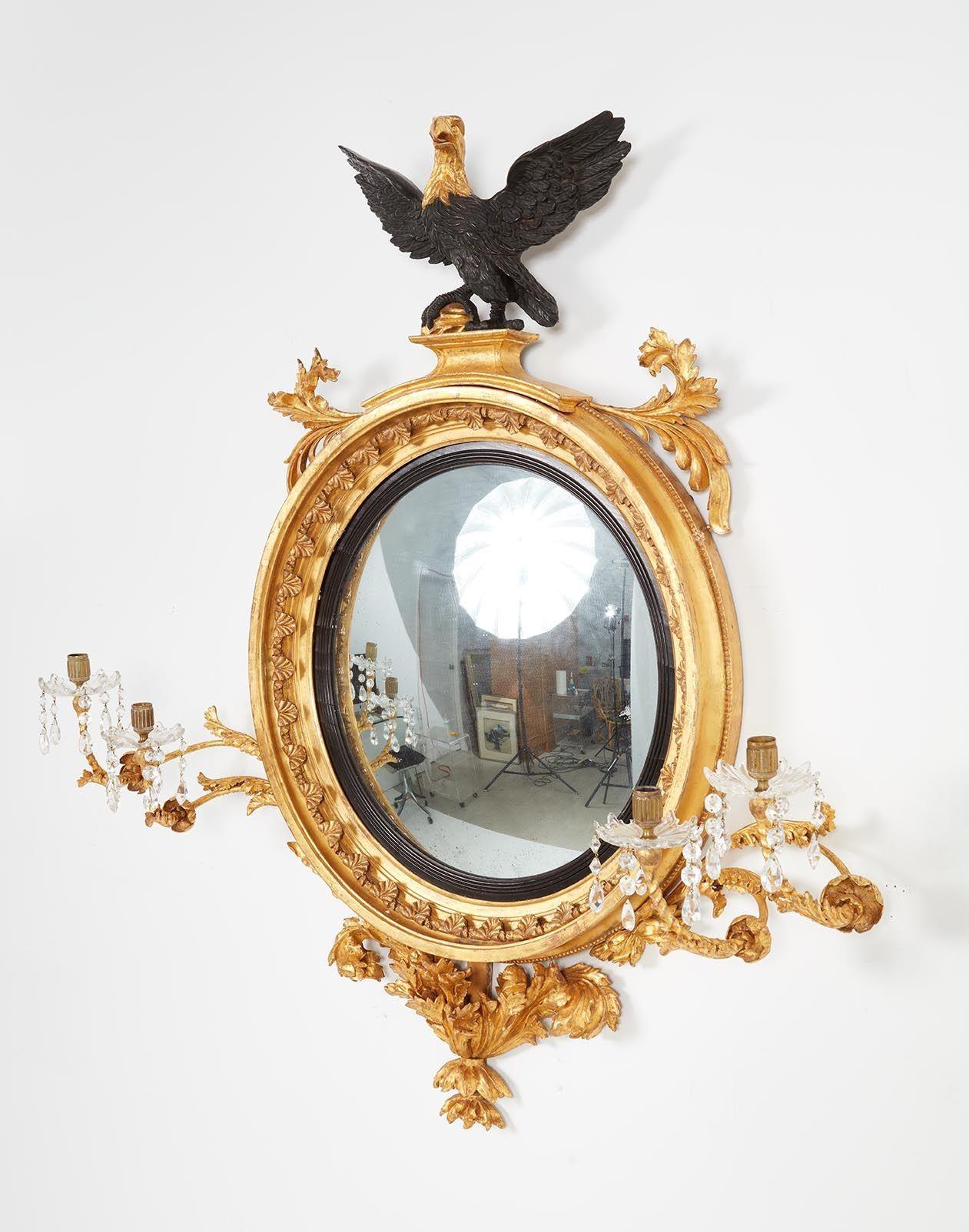 English Grand Gilt Convex Eagle Girandole Mirror For Sale