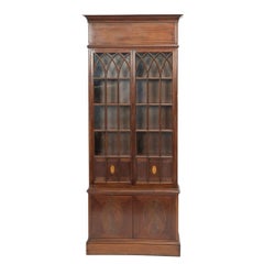 Grand Gothic Revival English Mahogany Bookcase With Glass Panel Doors