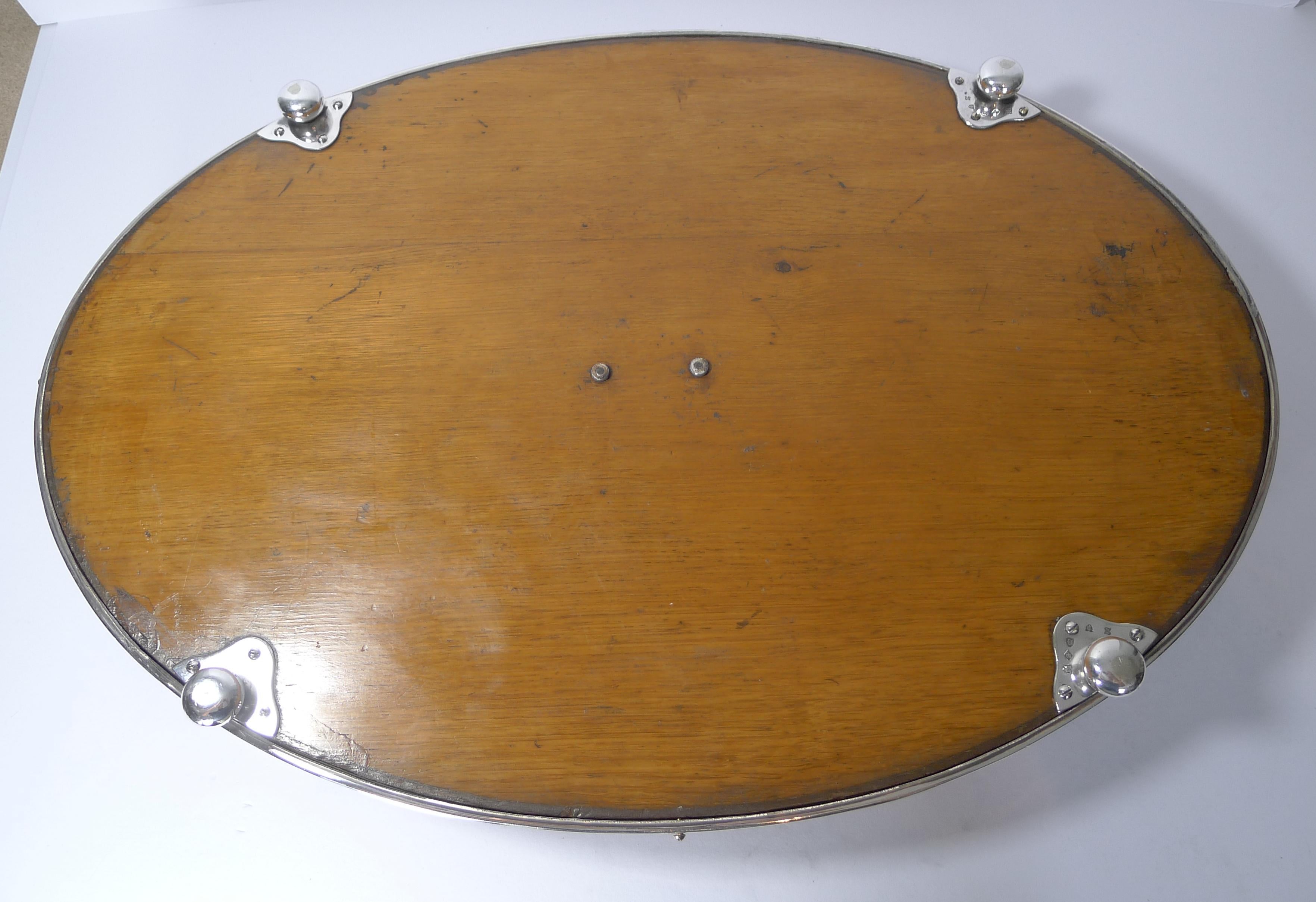 Grand Graduated Pair of Late Victorian Oak and Silver Plate Serving Trays 2