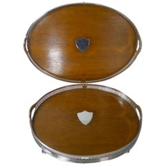 Grand Graduated Pair of Late Victorian Oak and Silver Plate Serving Trays