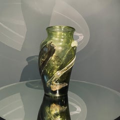 Grande vaso in vetro colorato verde, firmato da Winnowski, Biot, Francia, anni '90