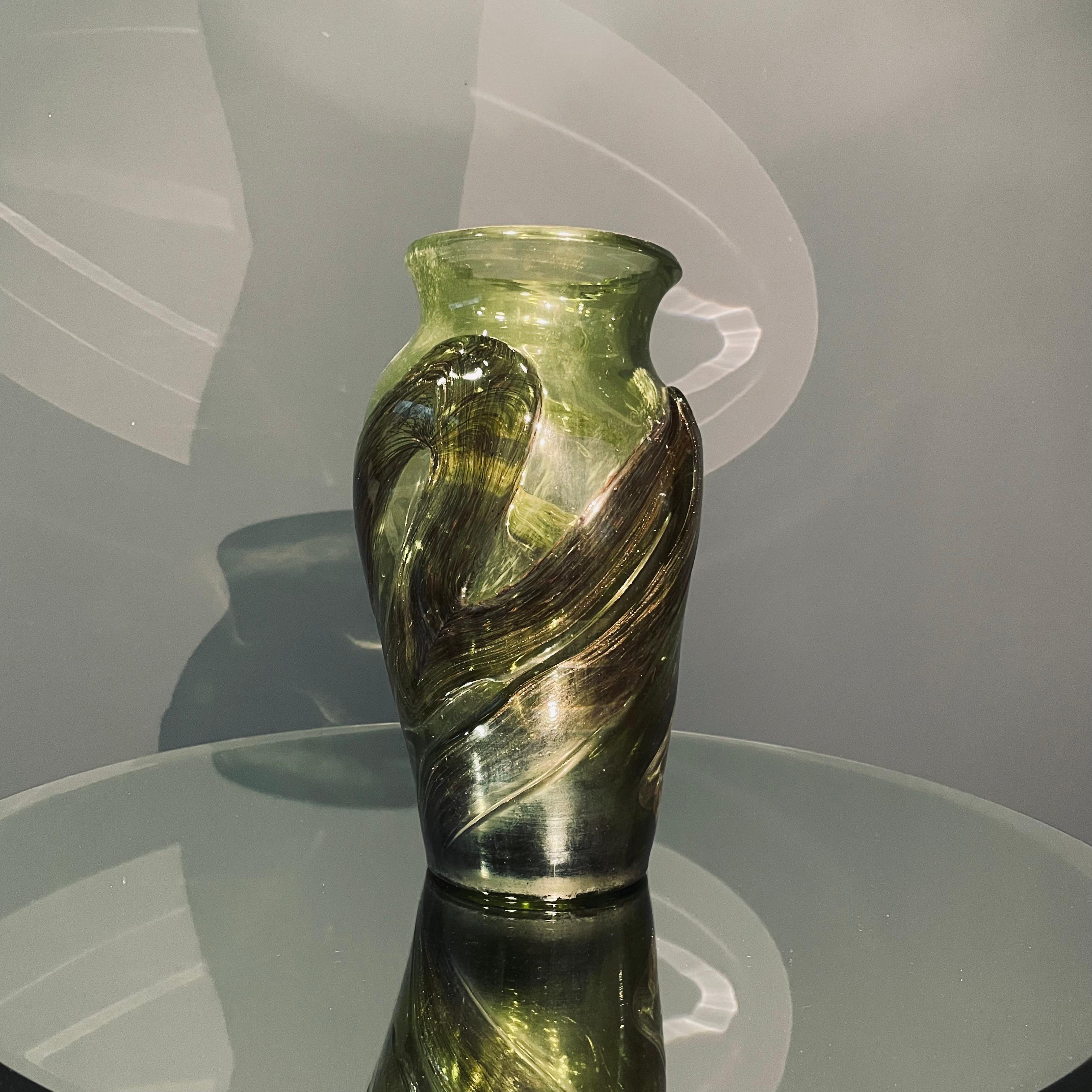 Modern Large Green Coloured Glass Vase, Signed by Winnowski, Biot, France, 1990s For Sale