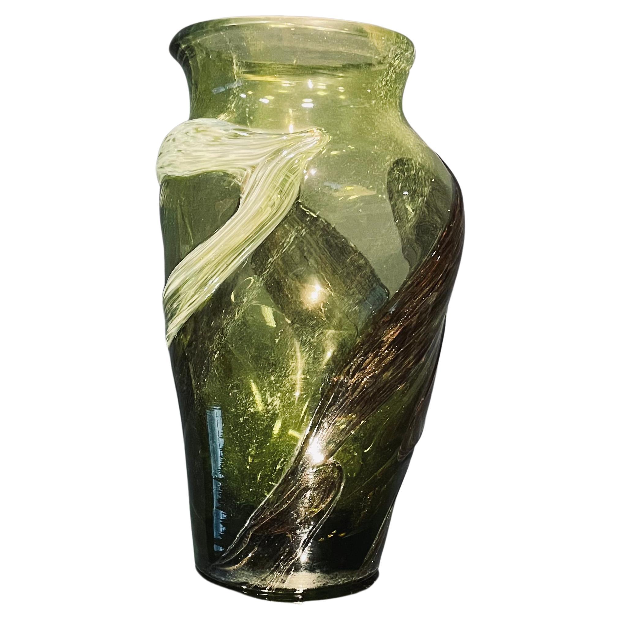 Large Green Coloured Glass Vase, Signed by Winnowski, Biot, France, 1990s For Sale