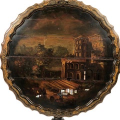 Grand guéridon basculant, plateau chantourné à décor peint et burgauté