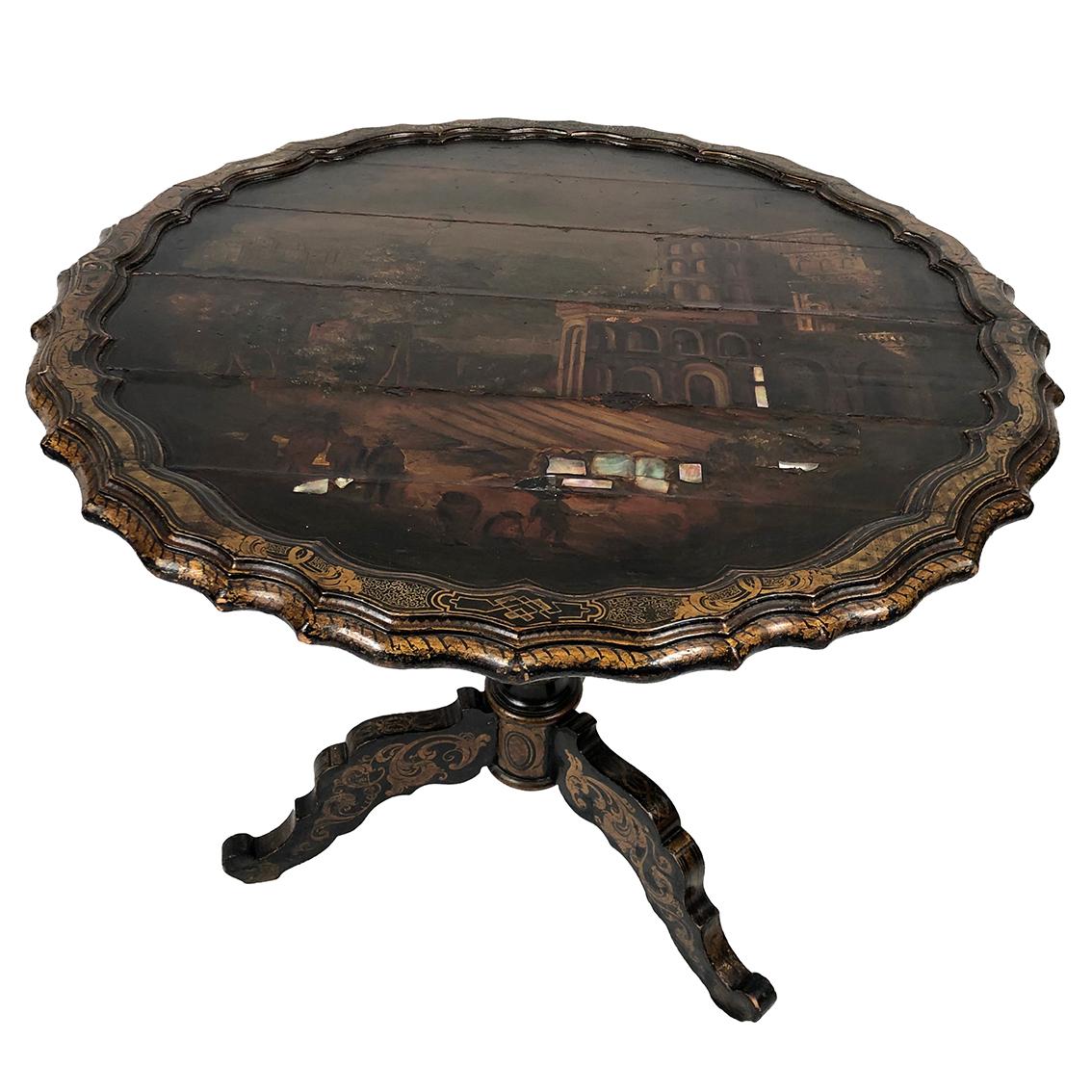 19th Century Grand guéridon basculant, plateau chantourné à décor peint et burgauté For Sale