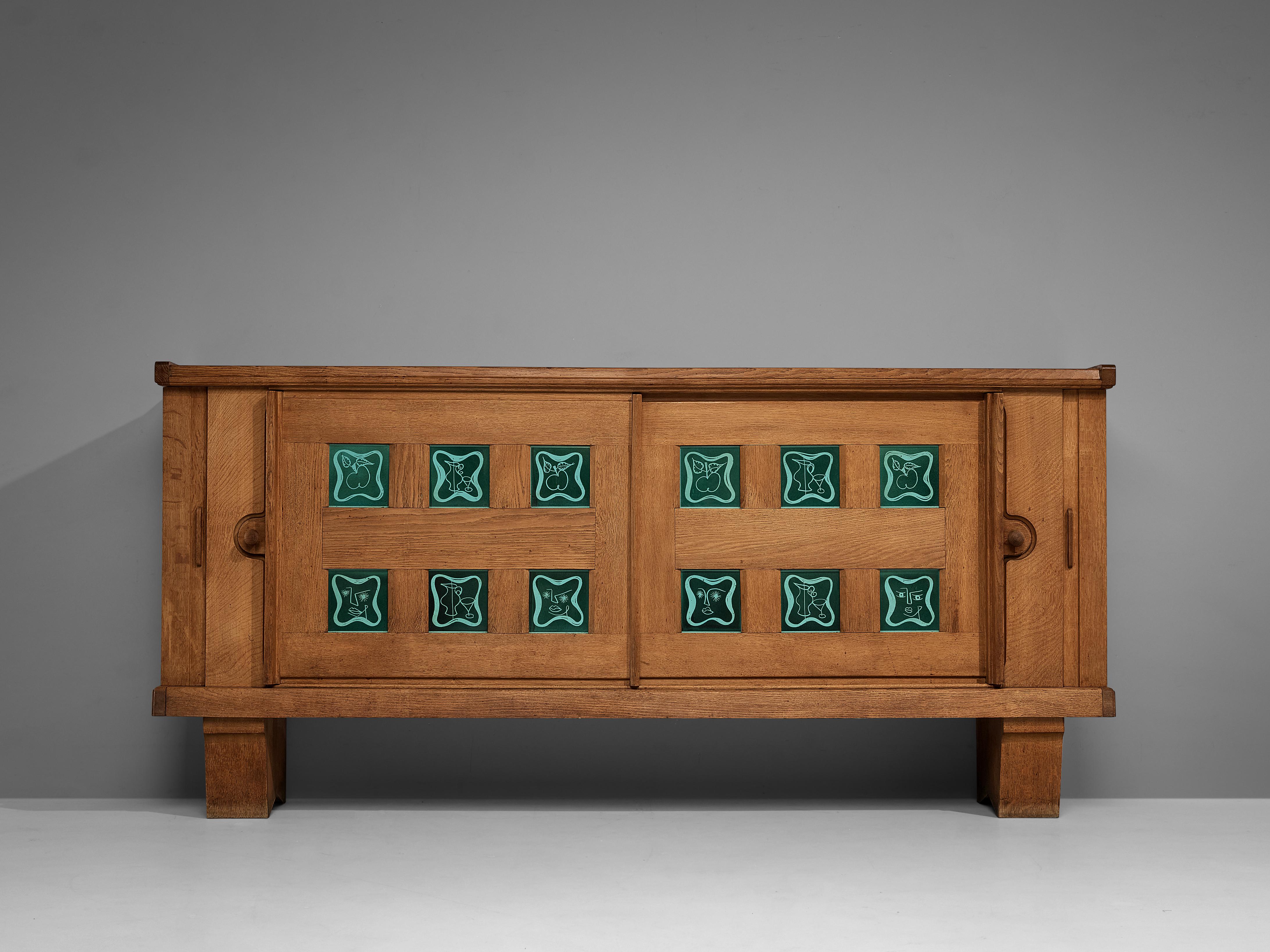 French Grand Guillerme & Chambron Sideboard in Oak with Ceramic Tiles