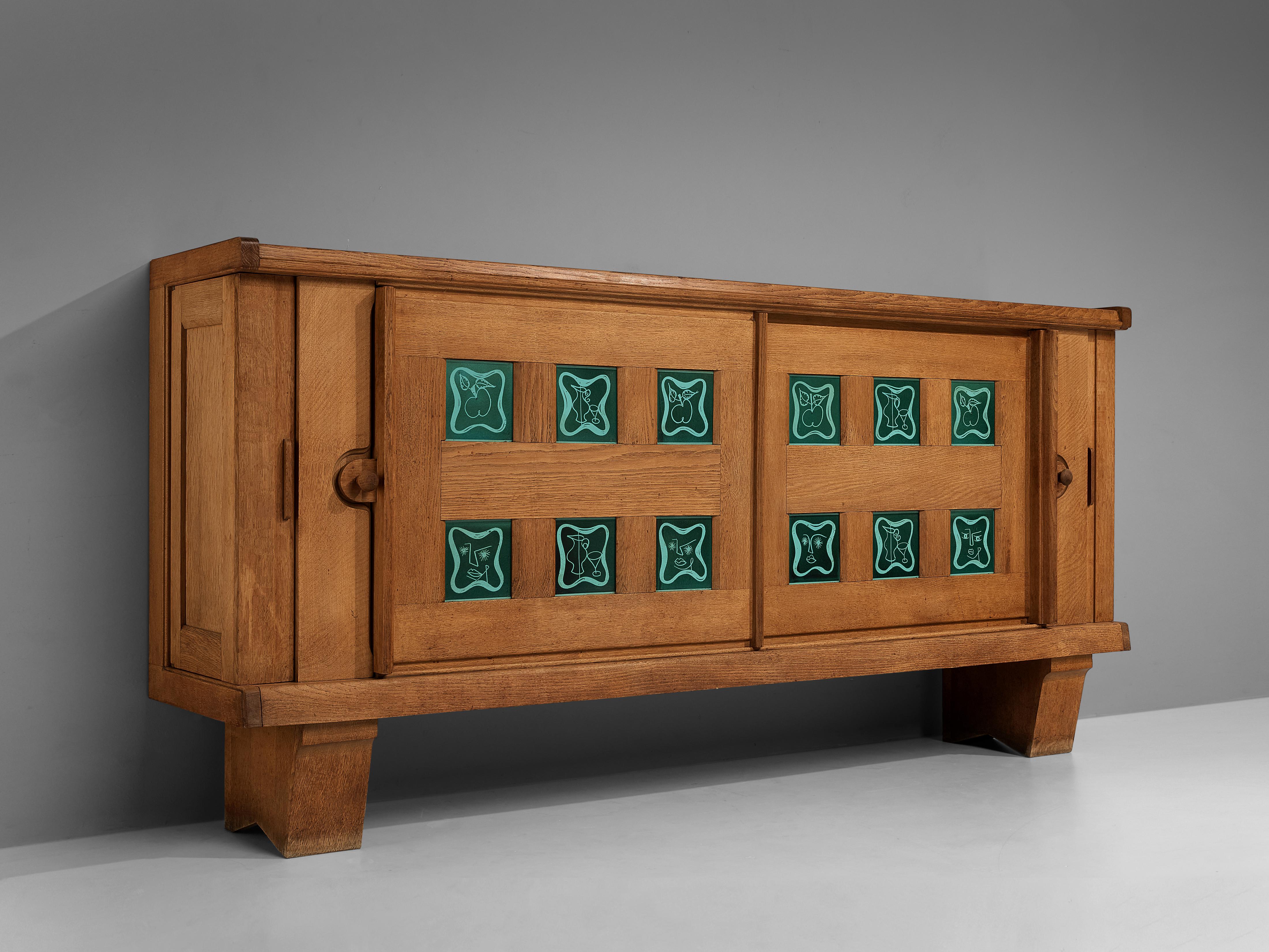 Mid-20th Century Grand Guillerme & Chambron Sideboard in Oak with Ceramic Tiles