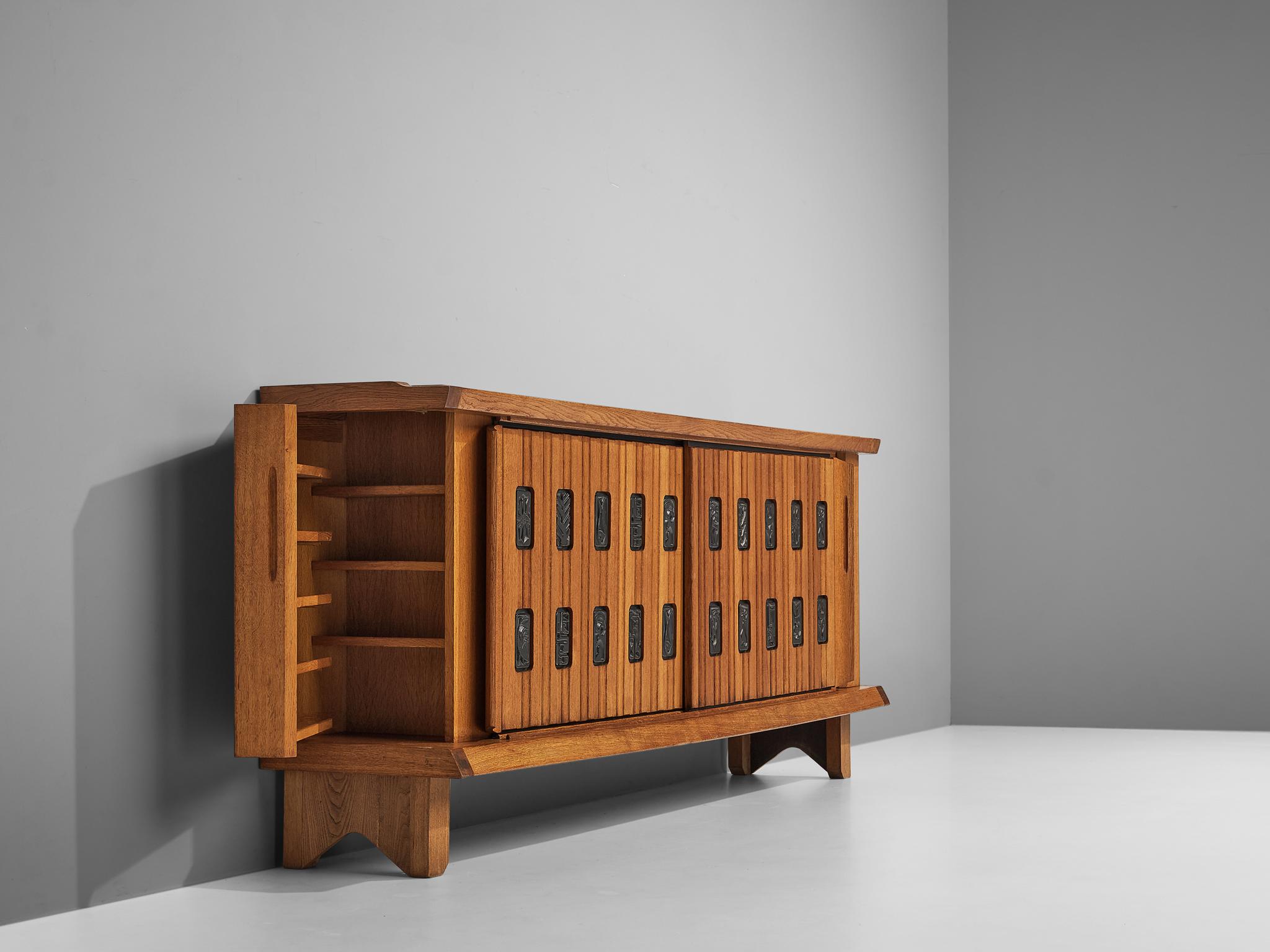 Mid-20th Century Grand Guillerme et Chambron Sideboard in Oak with Ceramic Tiles