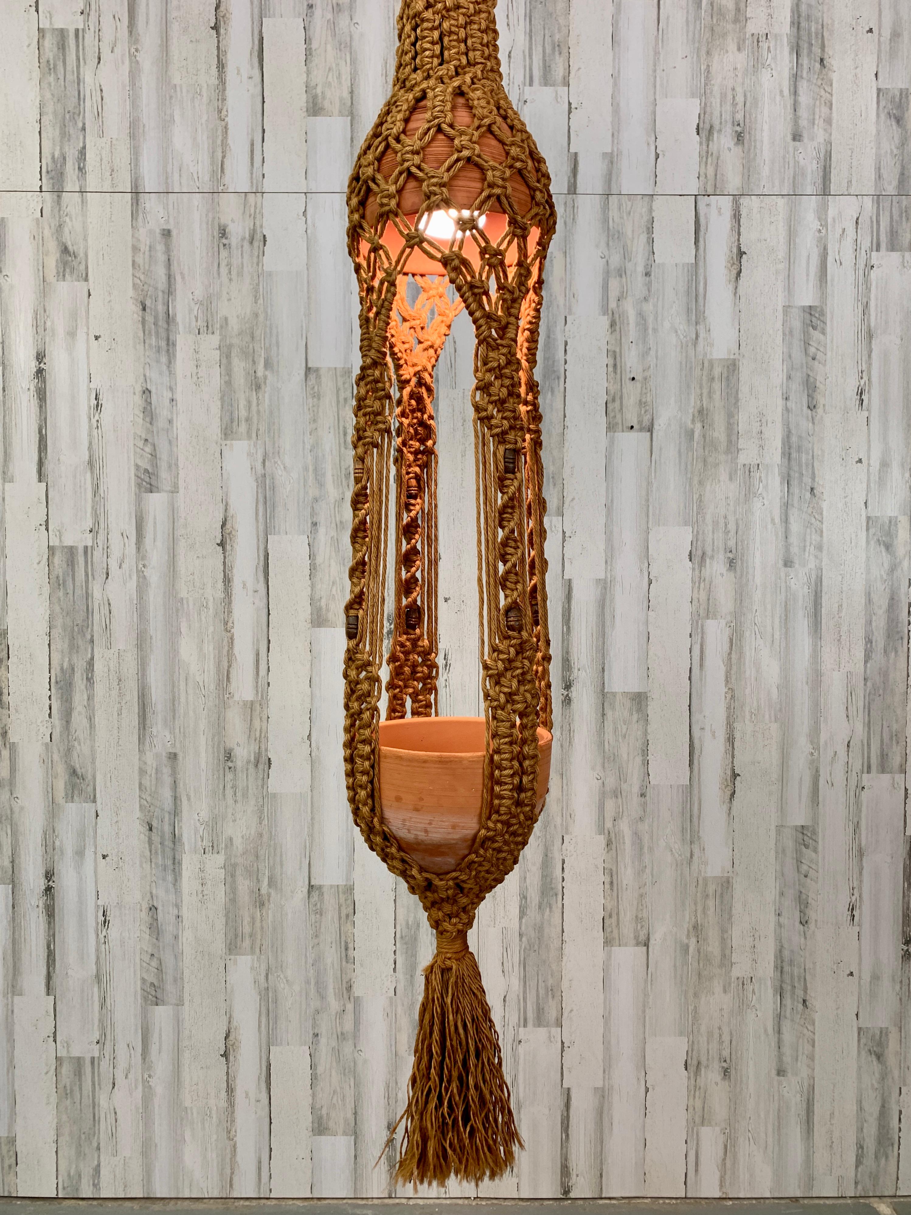 Mid-Century Modern Grand Hanging Fiber Art Lamp / Jardiniere For Sale