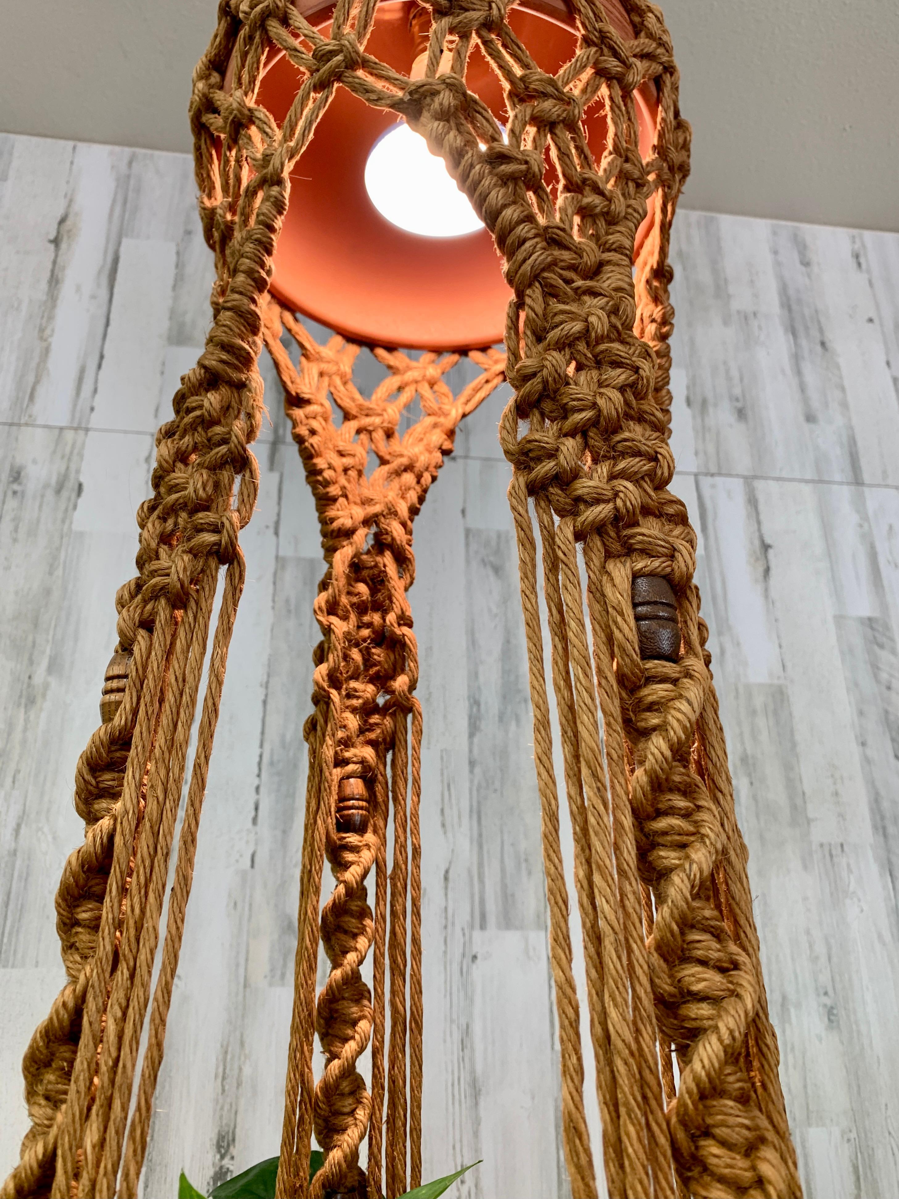 Hand-Woven Grand Hanging Fiber Art Lamp / Jardiniere For Sale