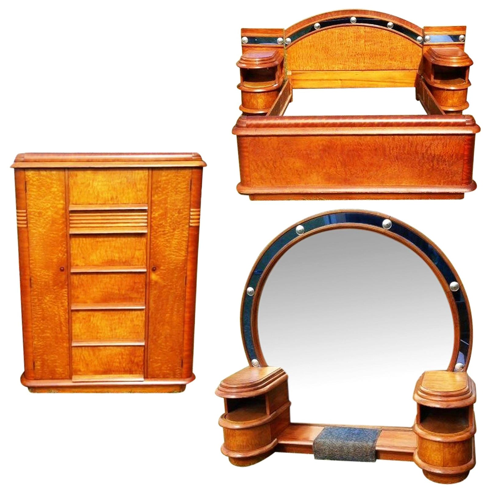 Grand Hollywood Art Deco Cobalt Blue Glass and Bird’s-Eye Maple Bedroom Set