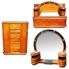 Grand Hollywood Art Deco Cobalt Blue Glass and Bird’s-Eye Maple Bedroom Set