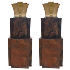 Grand Hollywood Art Deco Style Wood & Brass 9' Tall Torchiere Floor Lamp, Pair