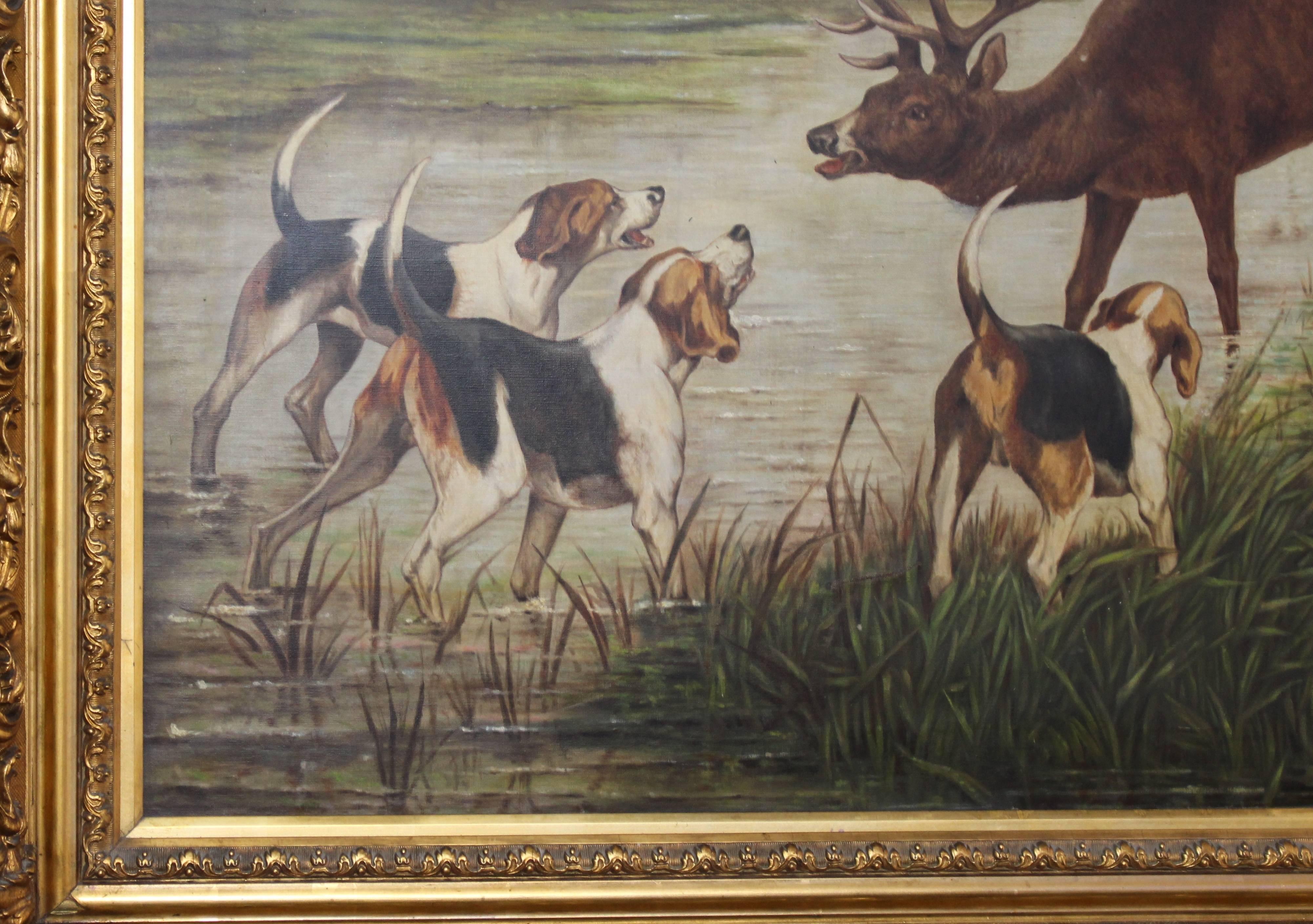 Grand Hunting Painting Oil on Canvas Set in Gilt Frame 8