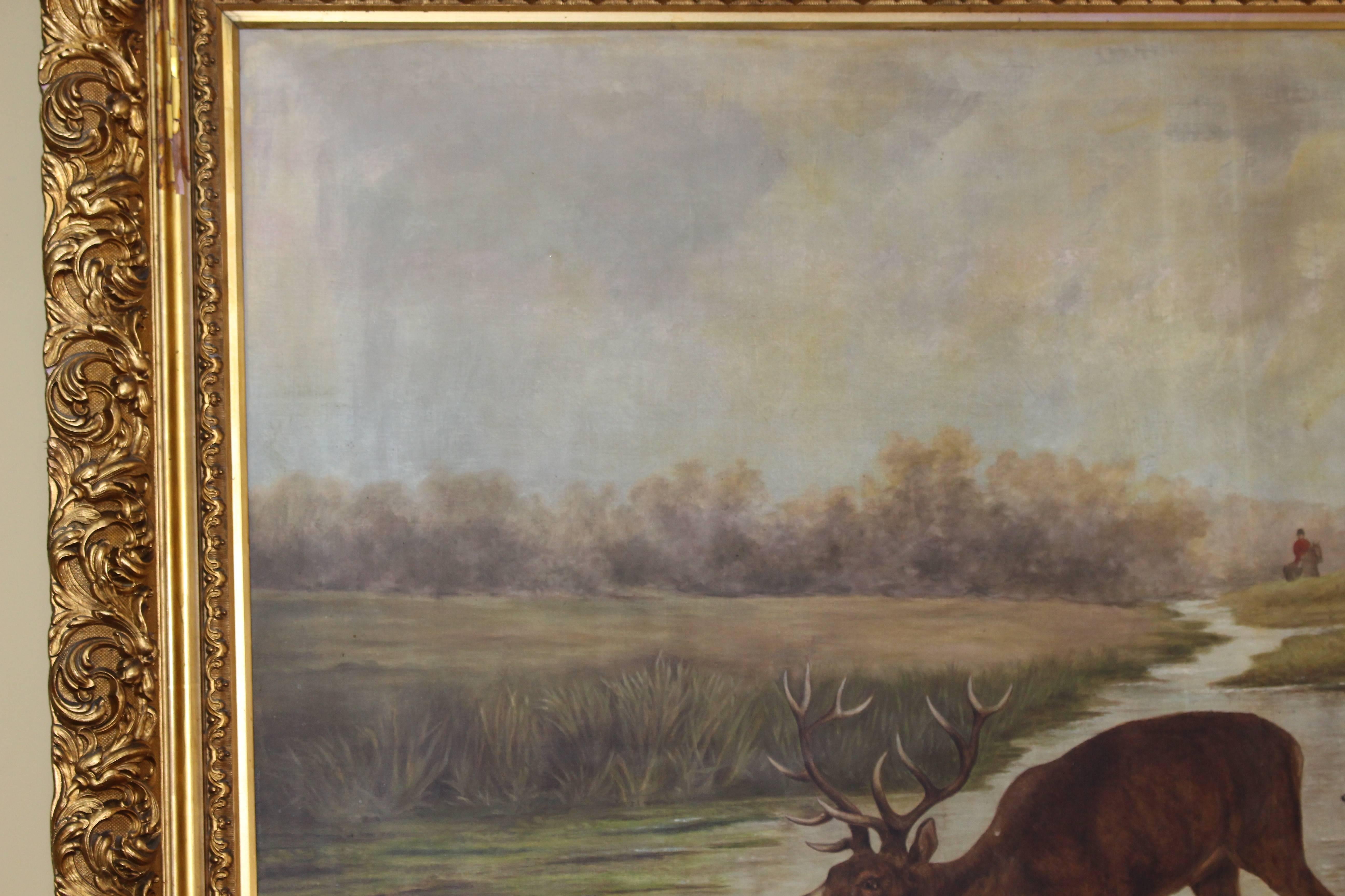 Grand Hunting Painting Oil on Canvas Set in Gilt Frame In Good Condition In Worcester, Worcestershire