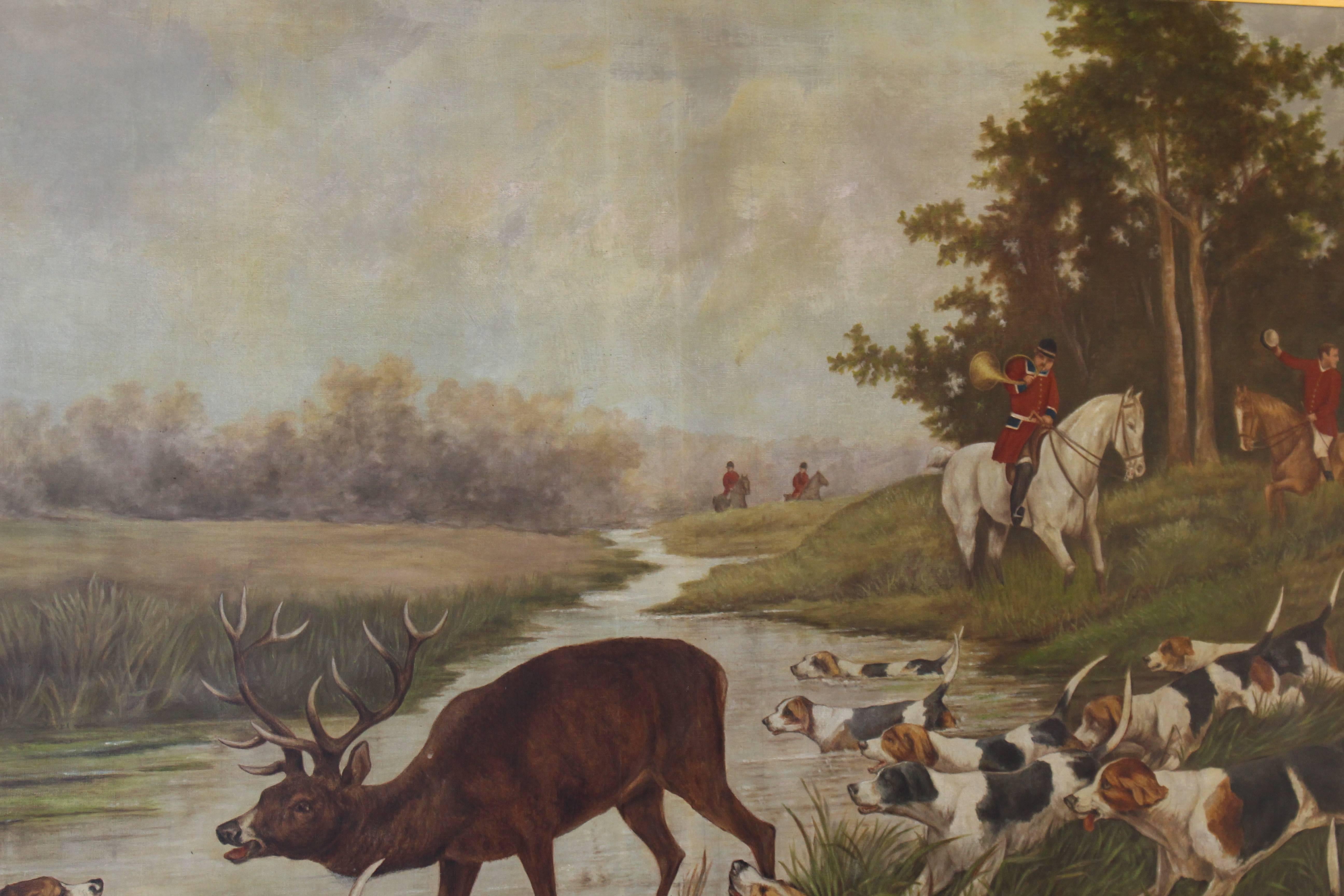 Grand Hunting Painting Oil on Canvas Set in Gilt Frame 1
