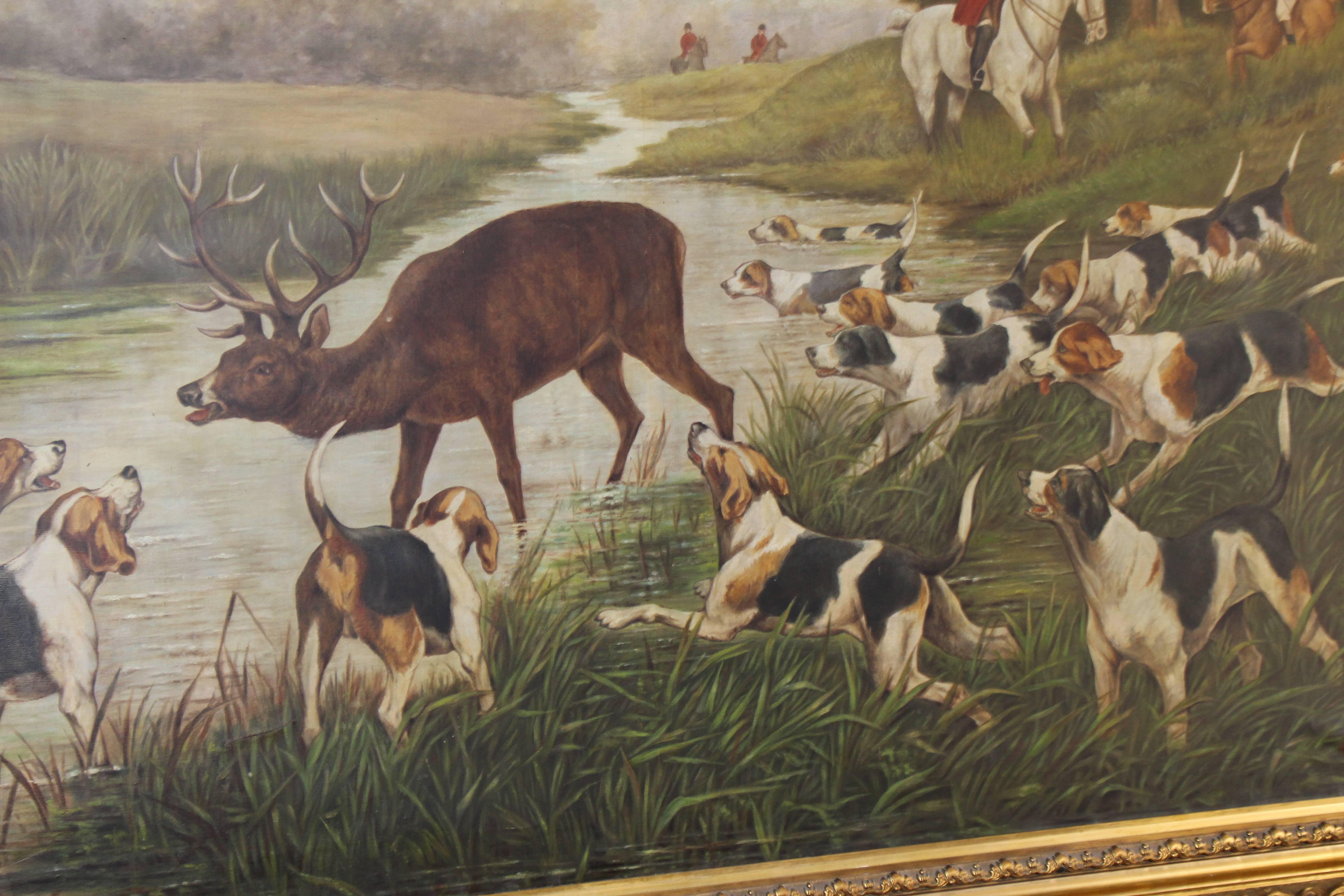 Grand Hunting Painting Oil on Canvas Set in Gilt Frame 2