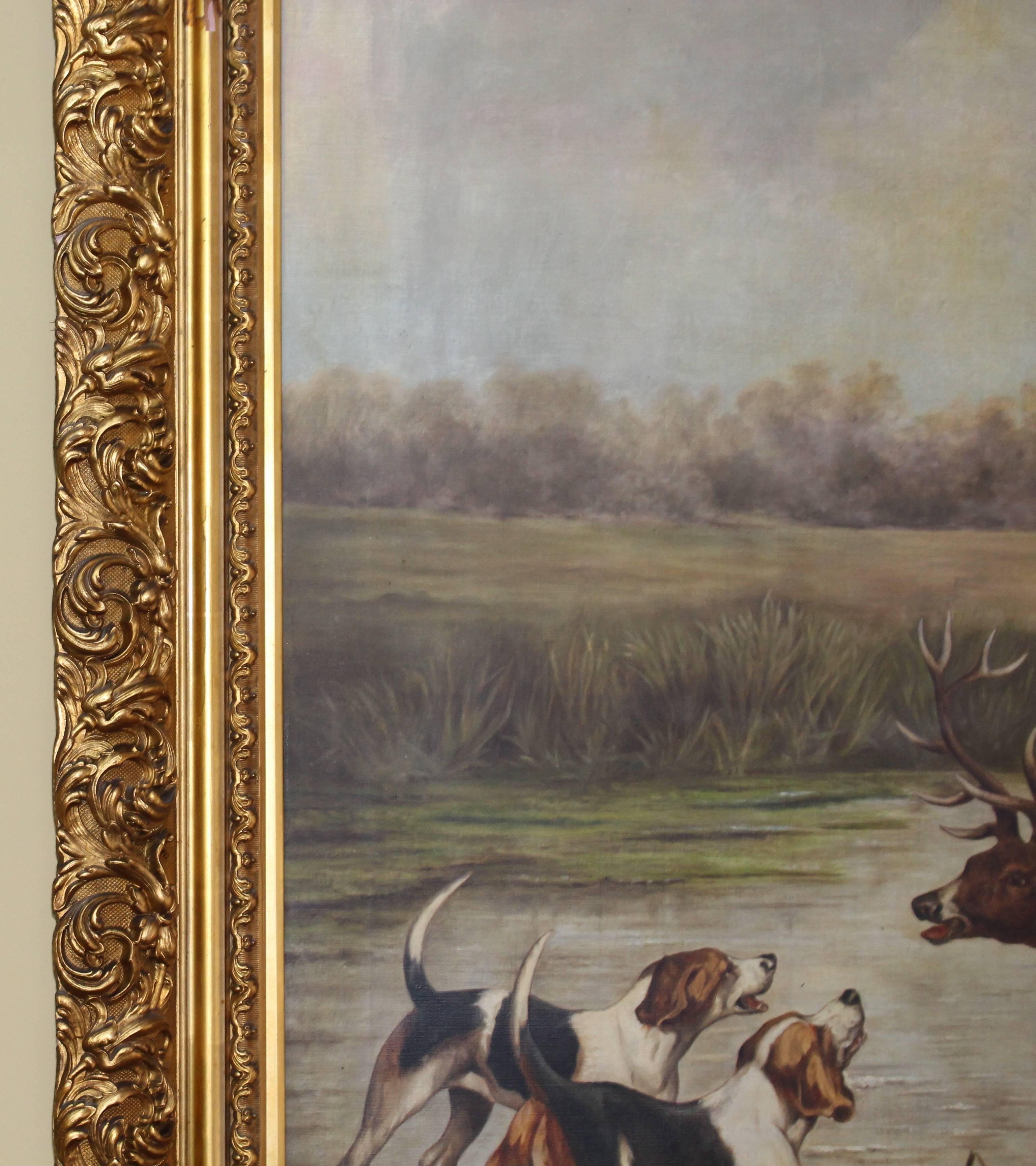 Grand Hunting Painting Oil on Canvas Set in Gilt Frame 3