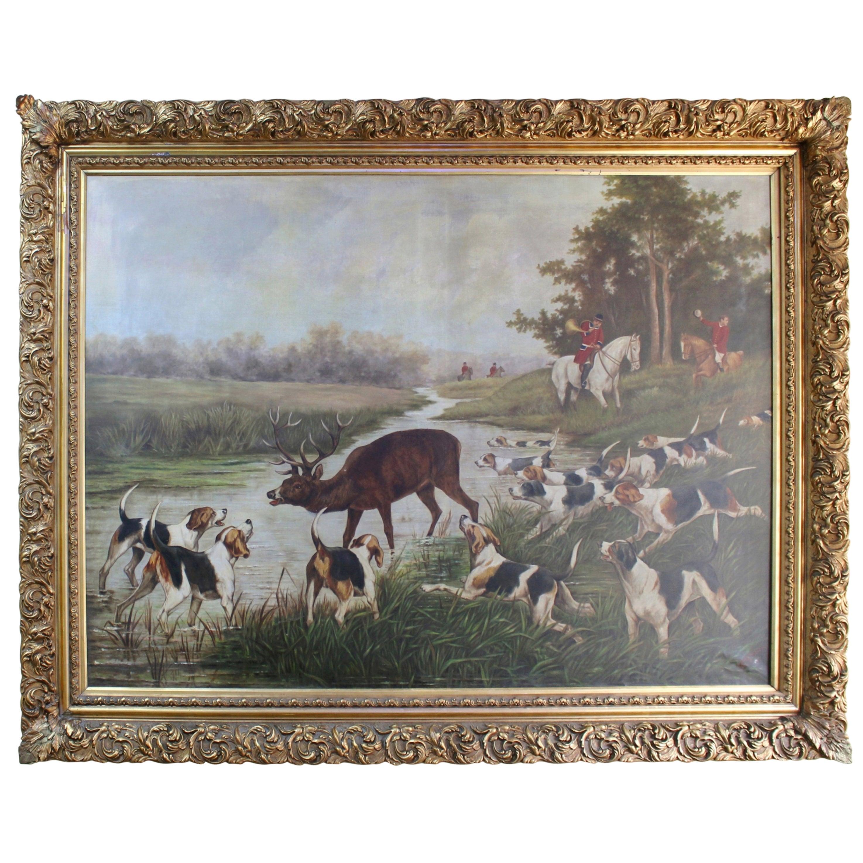 Grand Hunting Painting Oil on Canvas Set in Gilt Frame