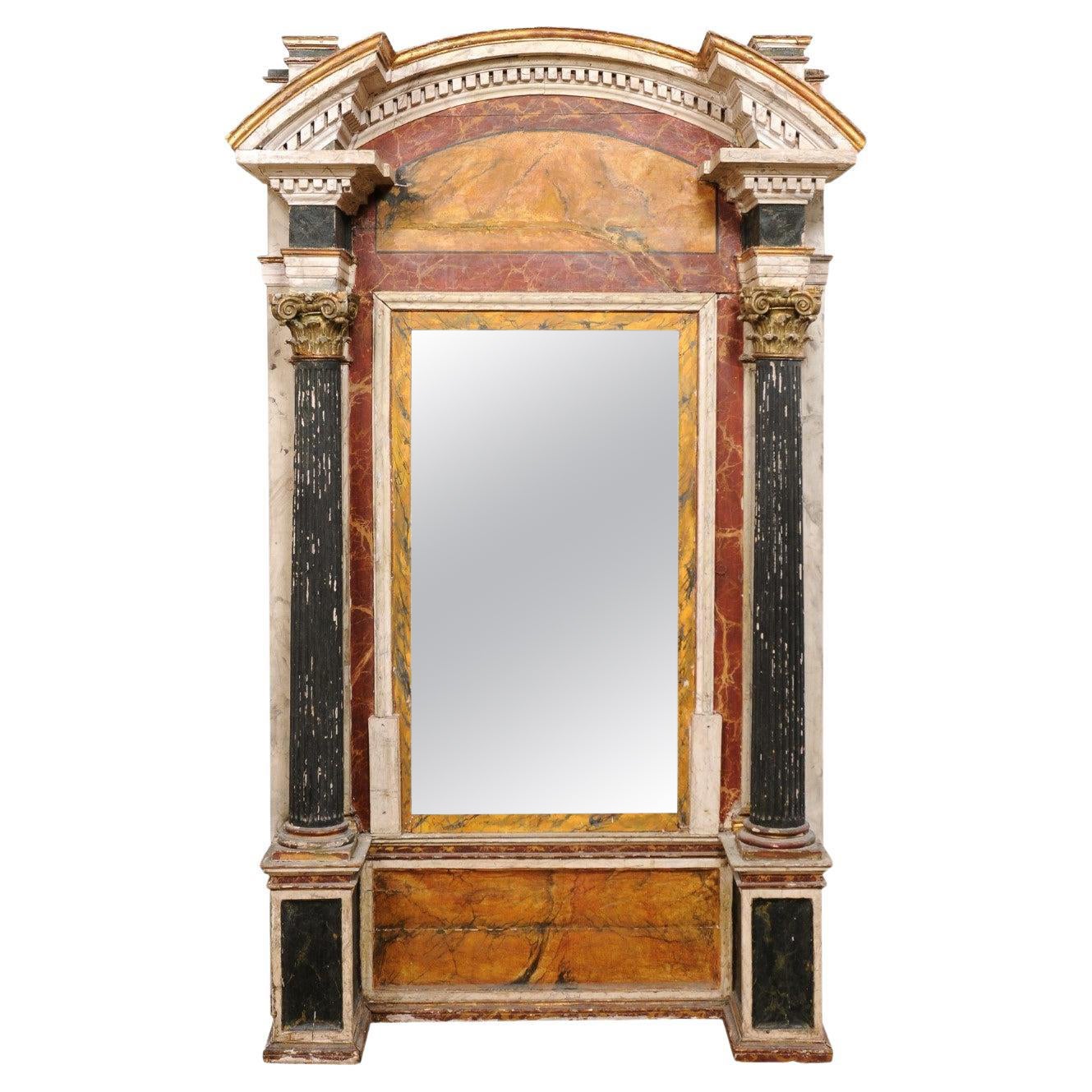 Grand Italian 19th C. Architectural Floor Mirror W/Original Paint