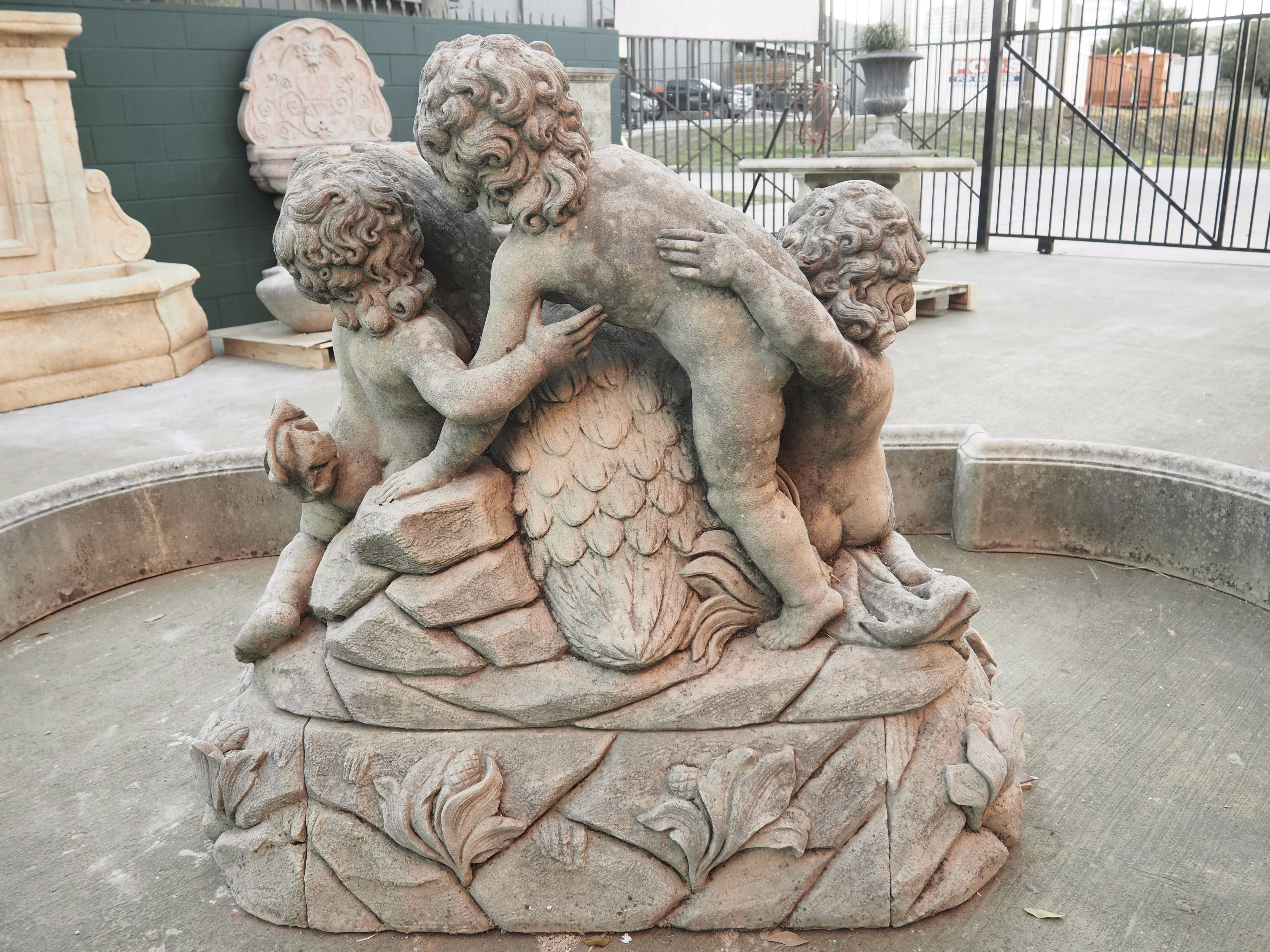 Grand Italian Limestone Center Fountain with Putti and Goose Water Feature For Sale 7