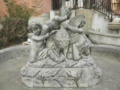 Grand Italian Limestone Center Fountain with Putti and Goose Water Feature