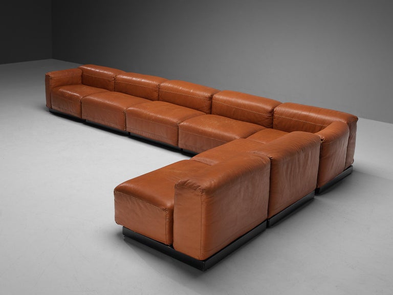 Mid-Century Modern Grand Italian Modular Sofa in Original Cognac Leather For Sale