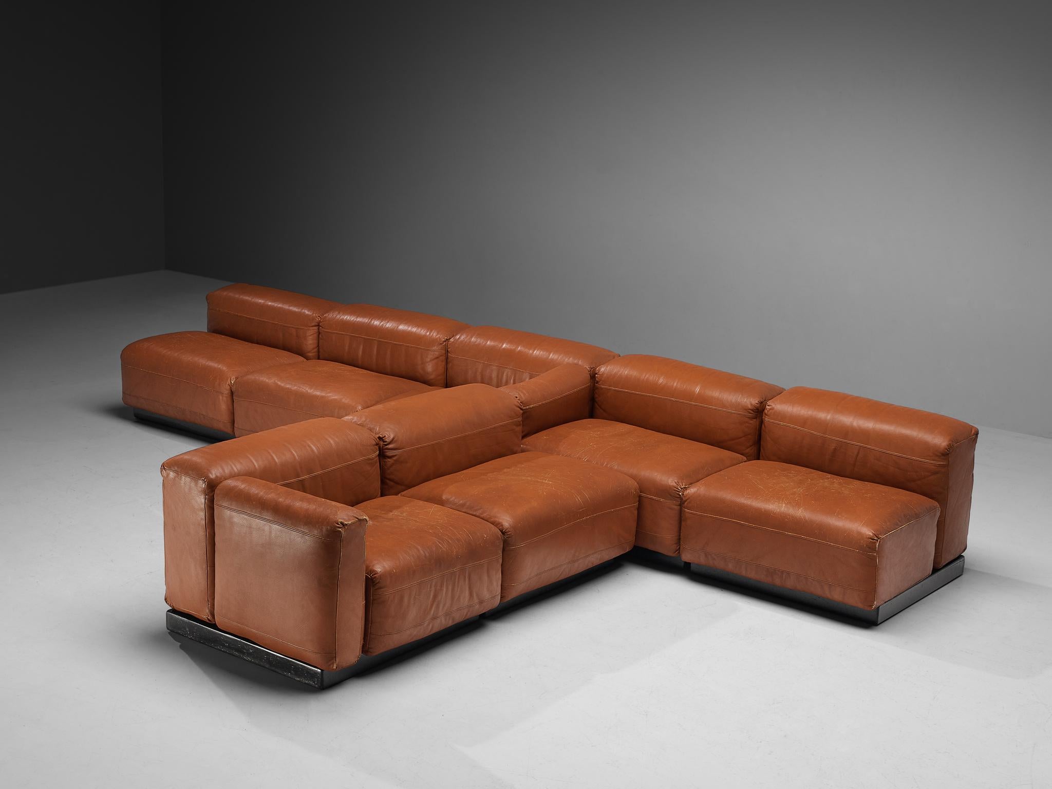 Mid-Century Modern Grand Italian Modular Sofa in Original Cognac Leather