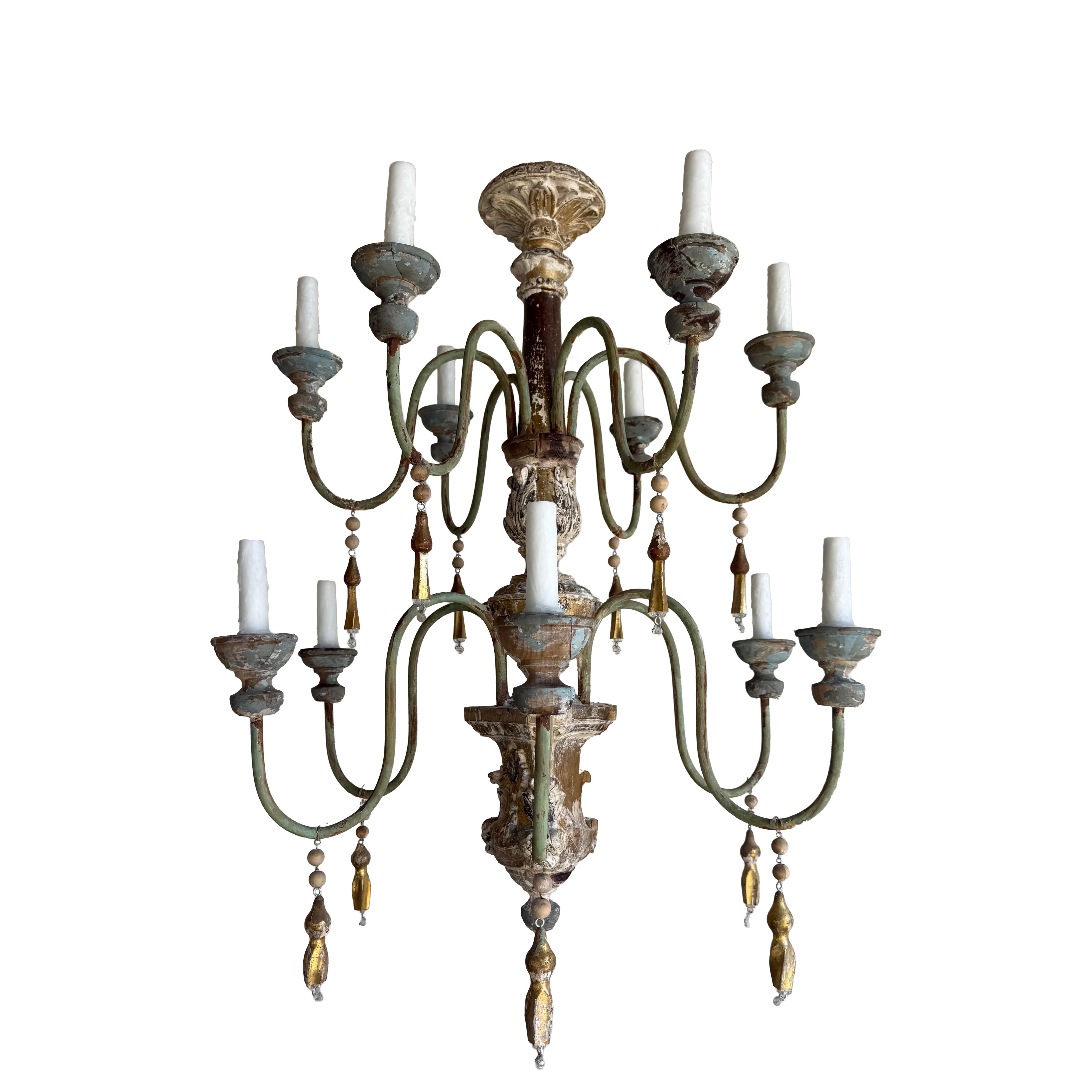 Grand Italian Painted and Giltwood Twelve-Light Chandelier