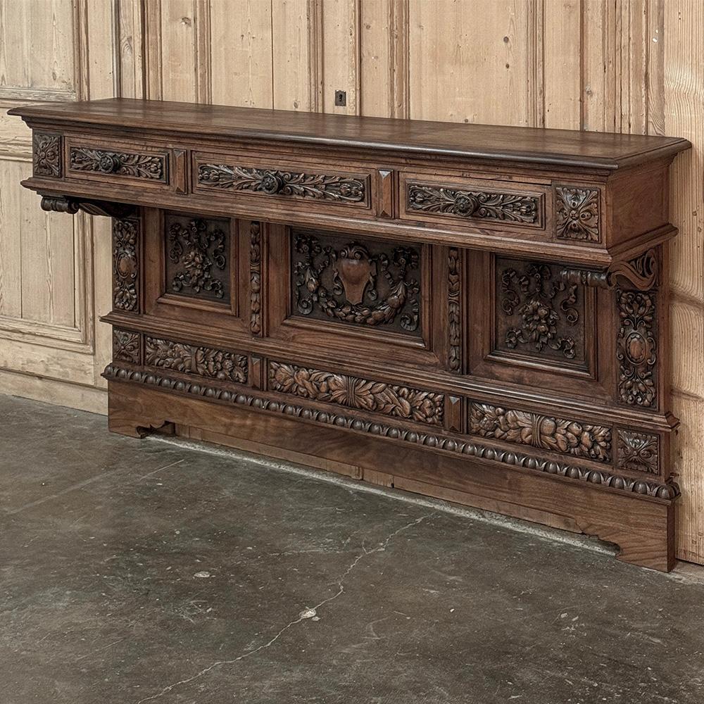Grand Italian Renaissance Walnut Console ~ Sideboard will make a stunning statement along any wall especially an entry!  Hand-crafted and sculpted from sumptuous solid walnut, it features a shallow yet wide surface perfect for display or even as a