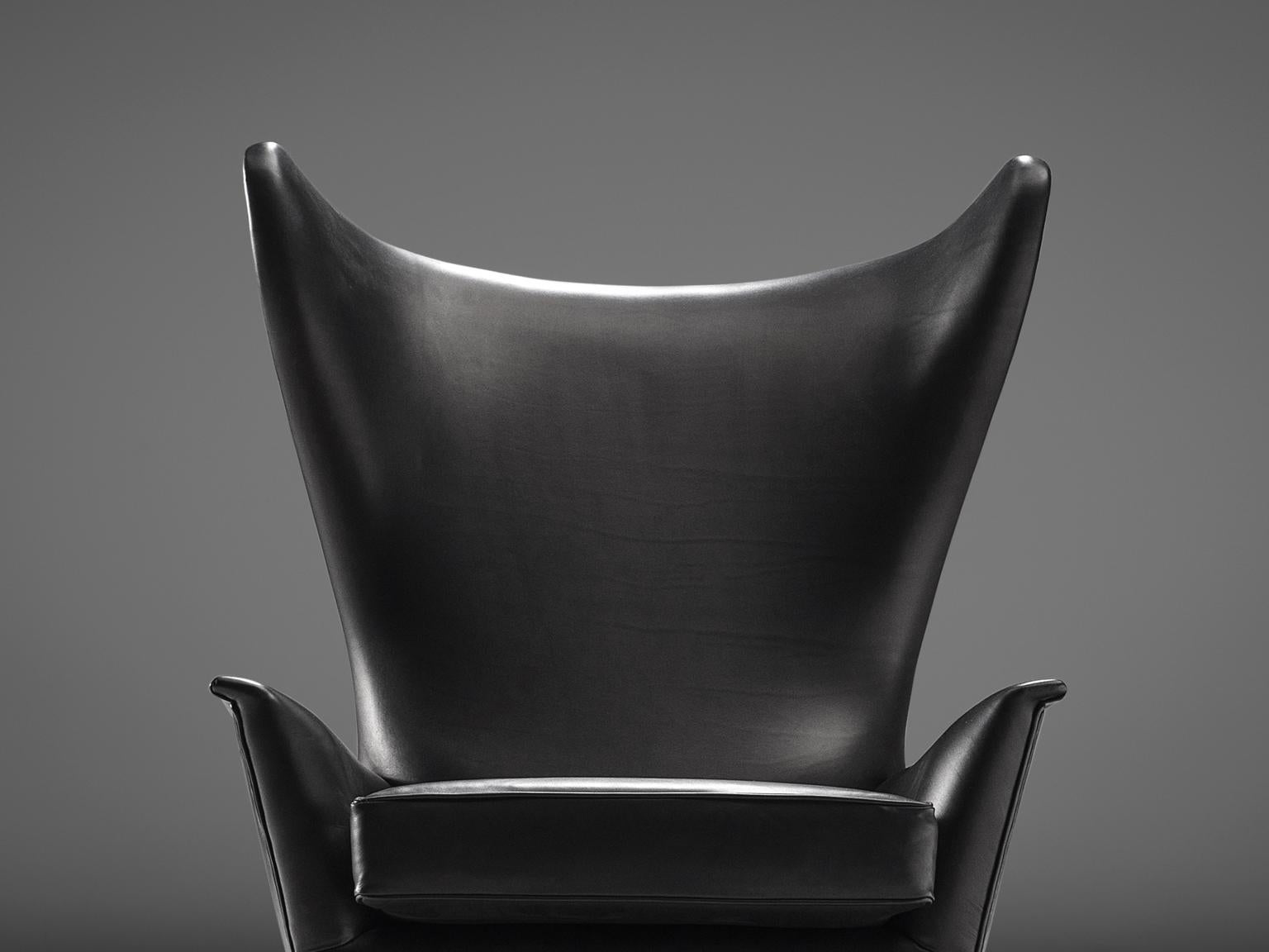 Grand Italian Wingback Chair Reupholstered in Black Analine Leather 2