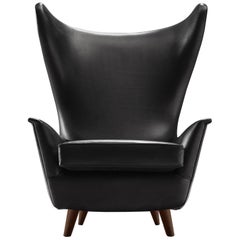 Grand Italian Wingback Chair Reupholstered in Black Analine Leather