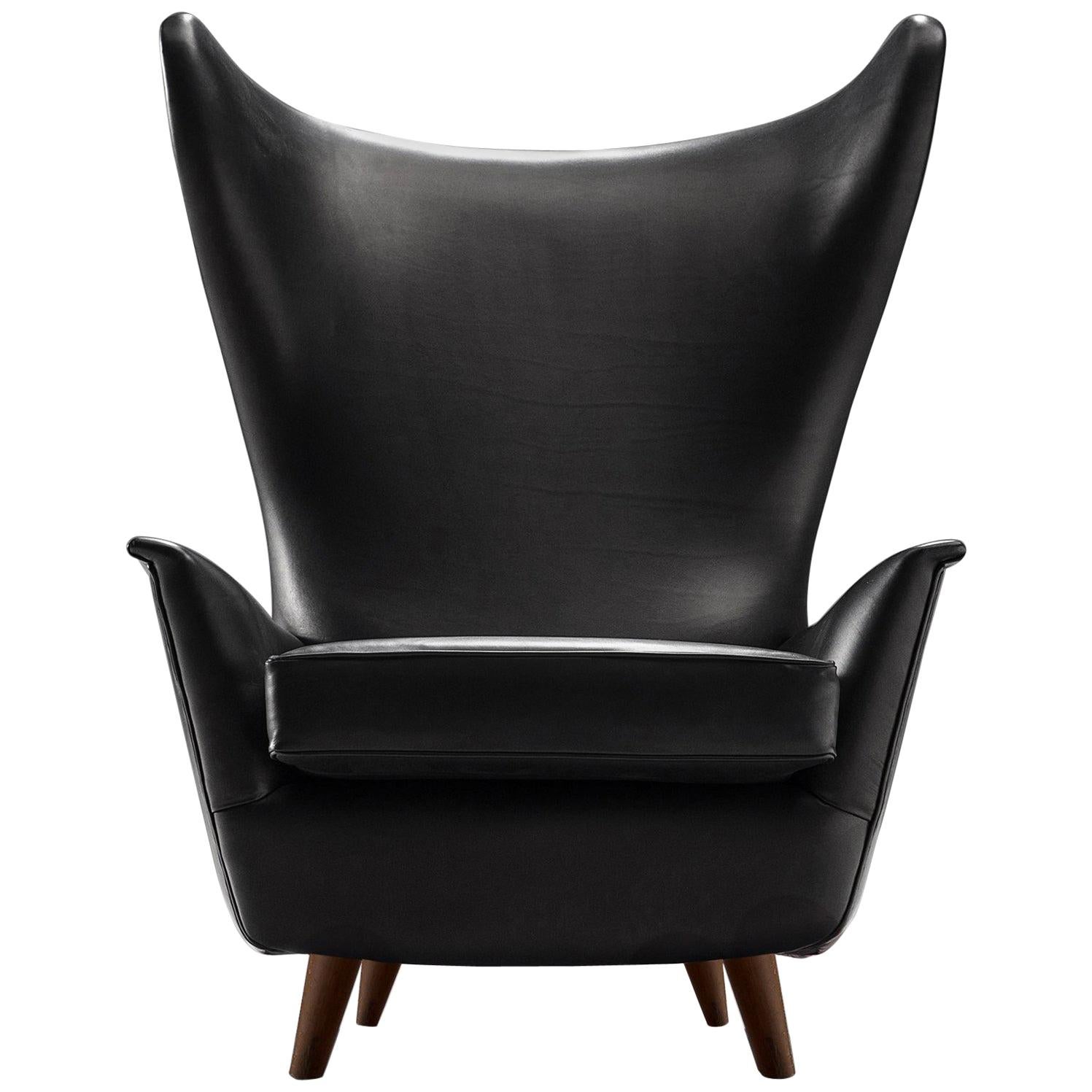 Grand Italian Wingback Chair Reupholstered in Black Aniline Leather