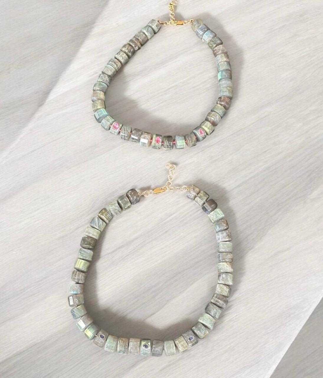 Mixed Cut GRAND LABRADORITE NECKLACE with Blue Sapphires and 14k Gold For Sale