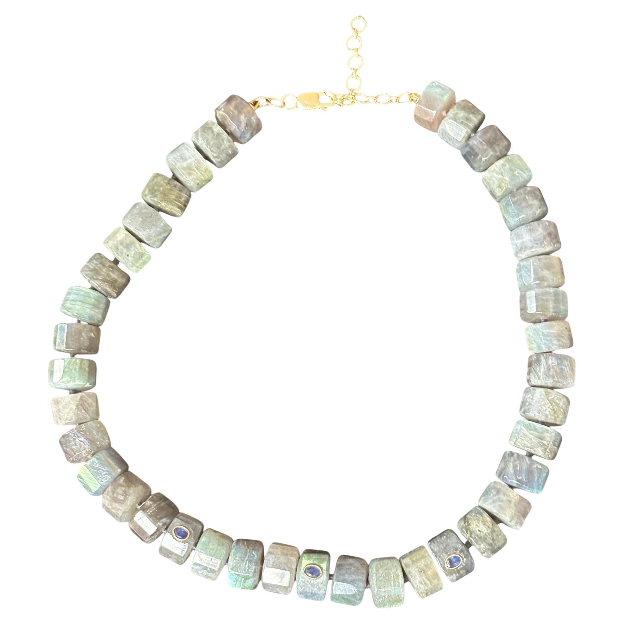 GRAND LABRADORITE NECKLACE with Blue Sapphires and 14k Gold For Sale