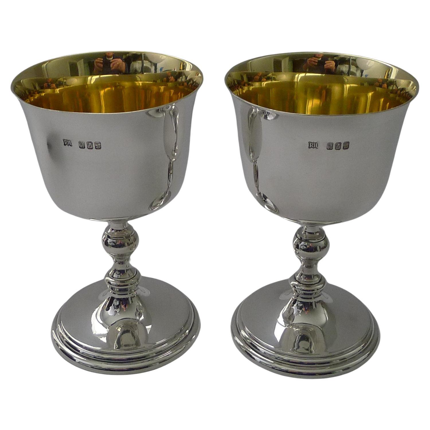 Grand Large Pair Irish Sterling Silver Wine Goblets - 1974 - 594 Grams For Sale