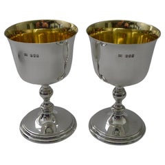 Grand Large Pair Irish Sterling Silver Wine Goblets - 1974 - 594 Grams