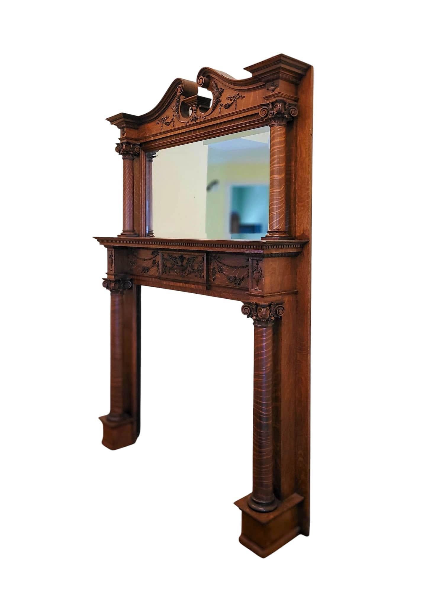 Retrocede en el tiempo y añade una grandeza arquitectónica sin igual a tu hogar con esta magnífica repisa de chimenea victoriana tardía de roble tigre.

Esta pieza excepcional, elaborada por expertos con el preciado 