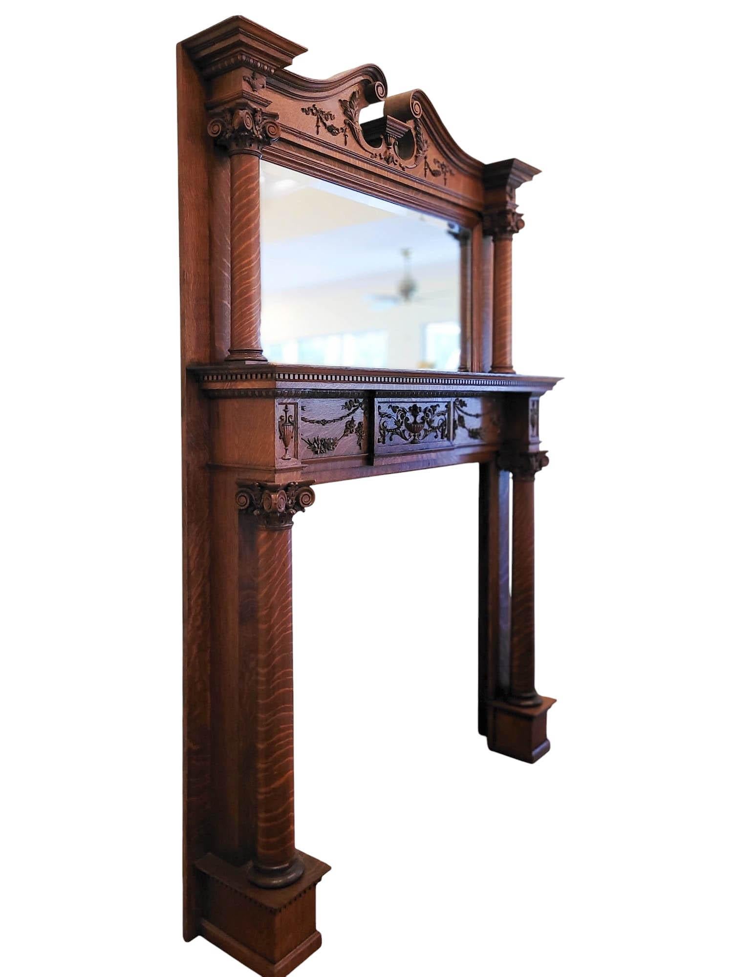 Gran chimenea victoriana tardía de roble tigre con espejo biselado Victoriano tardío en venta