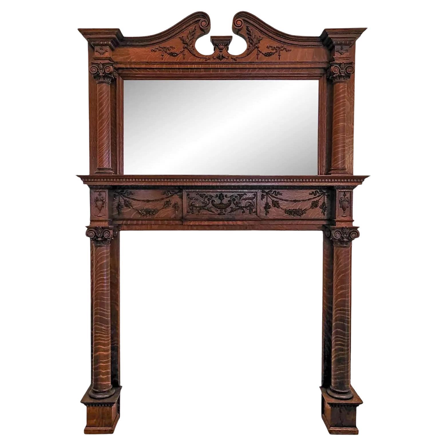 Grand Late Victorian Tiger Oak Fireplace Mantel with Beveled Mirror
