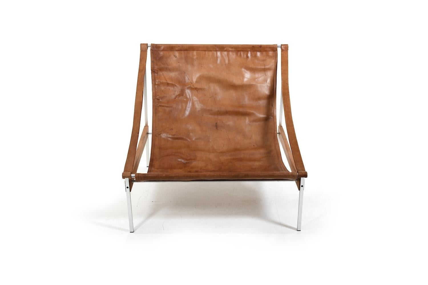 Danish Grand Leather Lounge Chair 'Bequem' by Stig Poulsson c.1970 For Sale