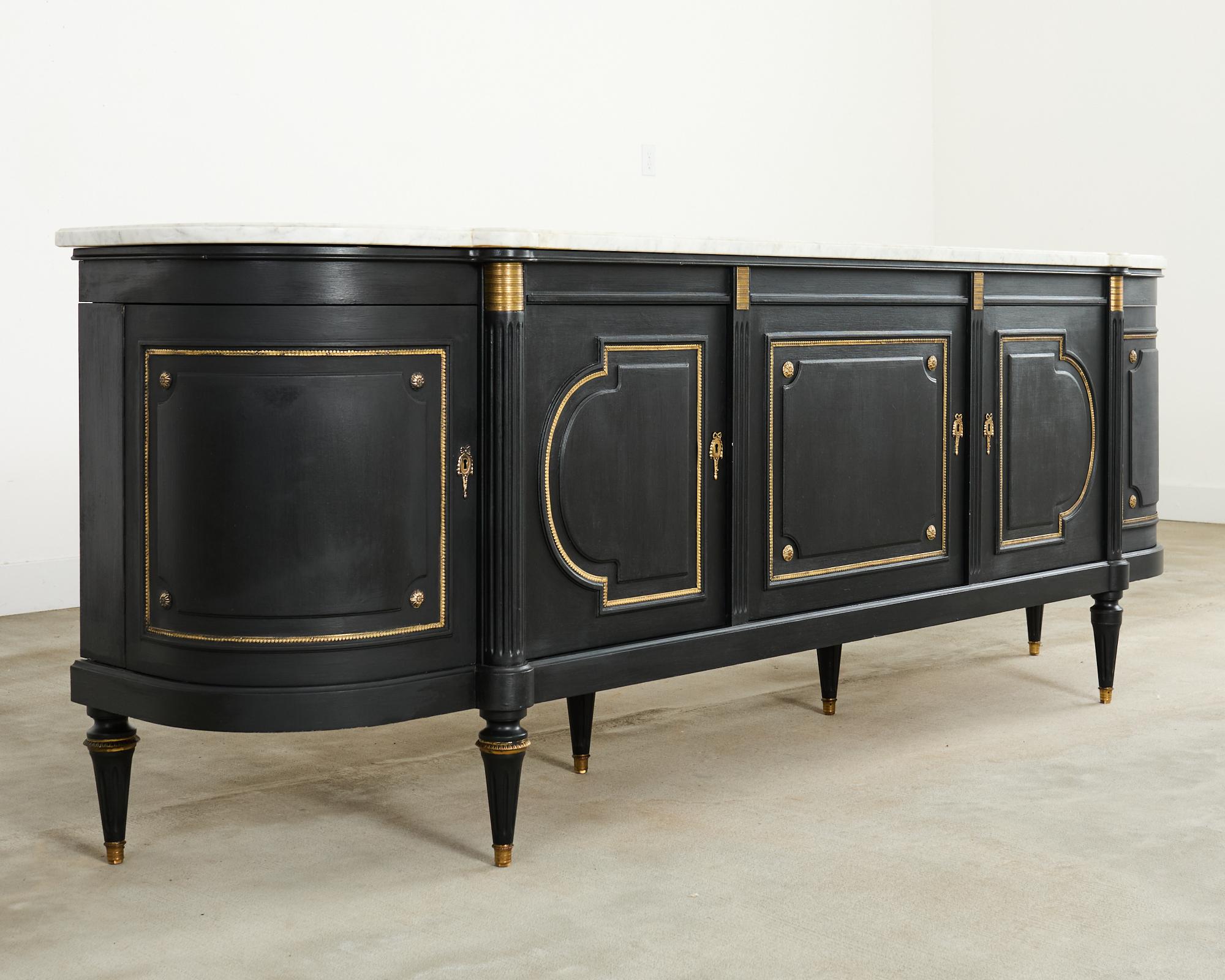 French Grand Louis XVI Style Marble Top Ebonized Sideboard Buffet For Sale